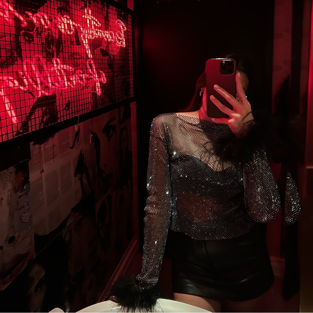 Akira sequin feather top